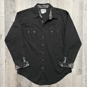 Rockmount Ranch Wear Western Black Pearl Snap Sawtooth Pocket Paisley Skull M